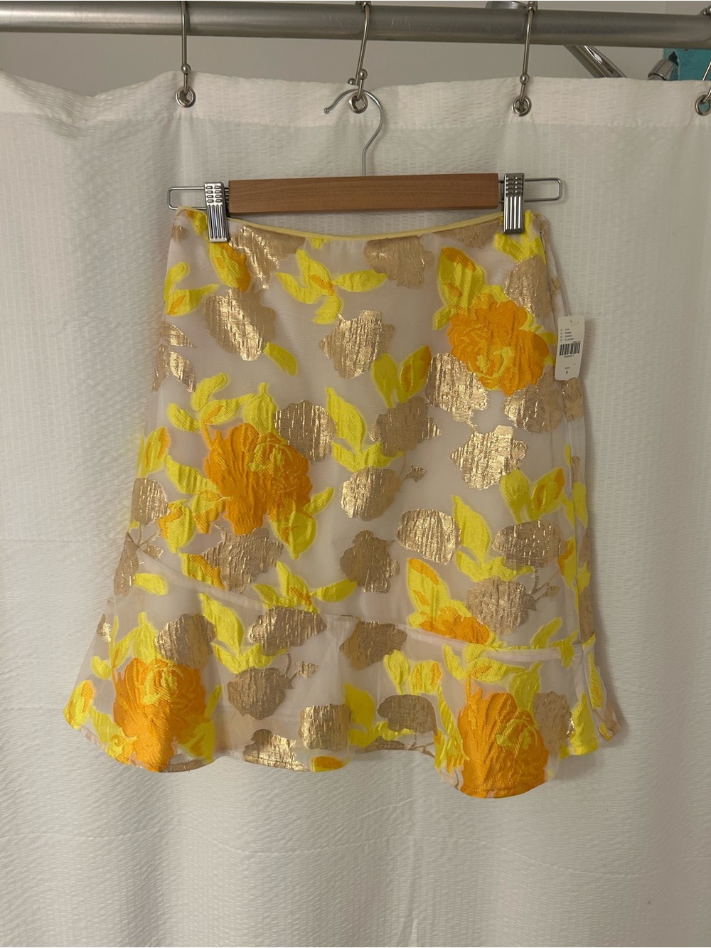 Maeve Floral Metallic Mini Skirt in Yellow, Orange and Gold